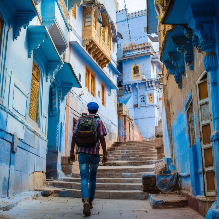 A backpacker explores the intricate alleyways of Jodhpur's blue city in India, experiencing the vibrant colors and cultural richness.